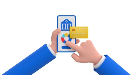 Mobile banking. Cartoon human hands holding smartphone with banking app. Mobile application for financial control. 3d render illustration on white background.