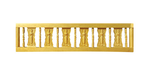 Gold fence wall with engraving angel standind patterns and pole in Thailand temple isolated on...