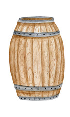 Watercolor wooder barrel cartoon illustration.  Farmhouse village art. Isolated clipart element on white background.