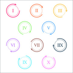 Colorful info-graphic roman numbers can be use to create presentation. Bullet points roman numbers one to ten. Oval shape vector numbers.