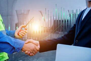 Workers holding walkie-talkies shake hands with businessmen. Construction site background concept and candlestick chart illustration.