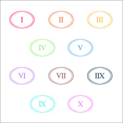 Colorful info-graphic roman numbers can be use to create presentation. Bullet points roman numbers one to ten. Oval shape vector numbers.