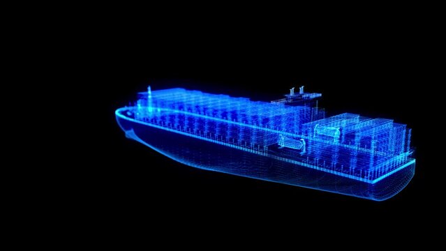 Aerial top view container ship full load container for logistics import export, shipping or transportation concept background. Blue particles and lines form wire-frame 3d model container ship.