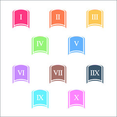 Colorful info-graphic roman numbers can be use to create presentation. Bullet points roman numbers one to ten. Oval shape vector numbers.