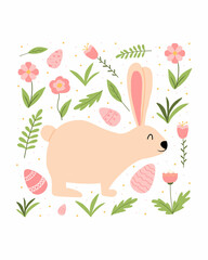 Obraz premium Easter bunny with eggs vector illustration. Cute postcard for Easter with a rabbit.Rabbit with eggs, flowers and leaves.