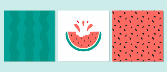 Vector set of posters with a slice of juicy watermelon, with juicy watermelon and watermelon peel.