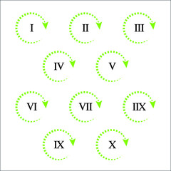 Colorful info-graphic roman numbers can be use to create presentation. Bullet points roman numbers one to ten. Oval shape vector numbers.