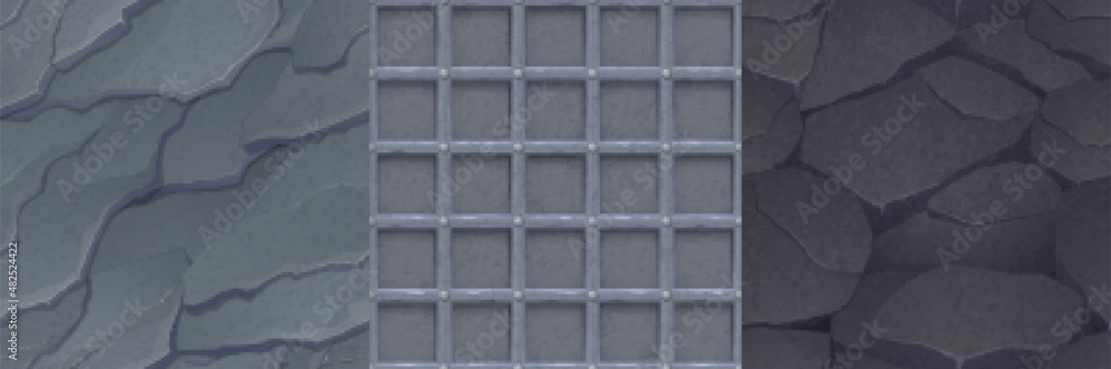 Poster asphalt and stone textures for game, seamless backgrounds. rocks tiles and rebar grate, cobblestone 