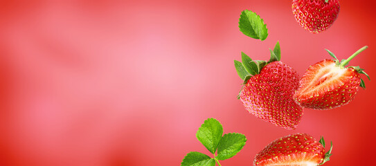 ripe strawberry group, slices and leaves on air.Background for packaging and label design