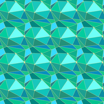 Low polygonal seamless pattern in turquoise, teal, green, blue colors. Abstract low-poly geometric background. Shining crystal, emerald, aquamarine texture