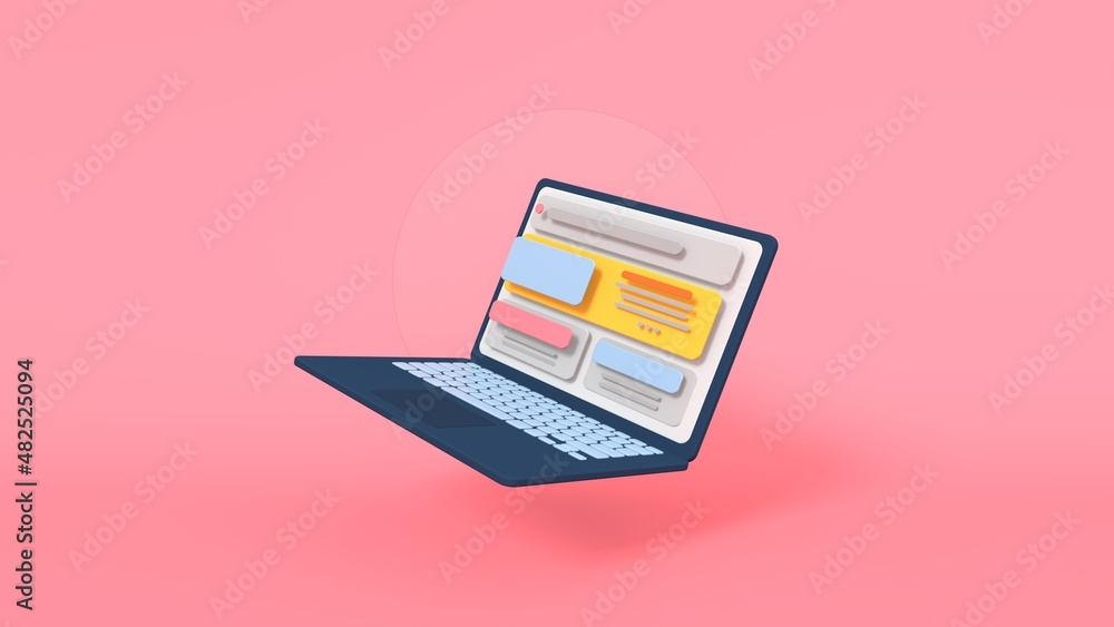 Poster minimal style concept with floating pc laptop on screen. internet and mobility theme. 3d rendering m
