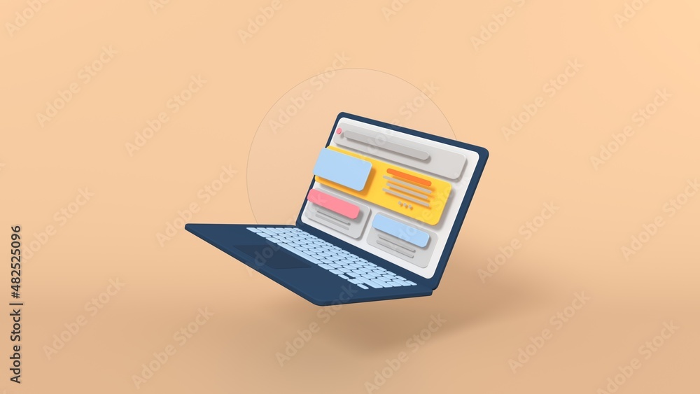 Poster minimal style concept with floating pc laptop on screen. internet and mobility theme. 3d rendering m