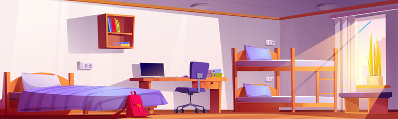 Student dormitory room with bunk, bed, laptop on desk, office chair and bookshelf. Vector cartoon interior of empty dorm bedroom or hostel apartment with wooden furniture and backpack