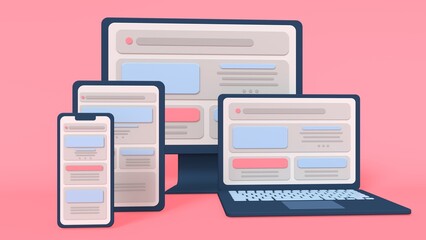 Adaptive programming icons set. Multi device development, software engineering. Responsive web design, The website is open on computer, laptop, tablet and smartphone.3D Render model cute colorful
