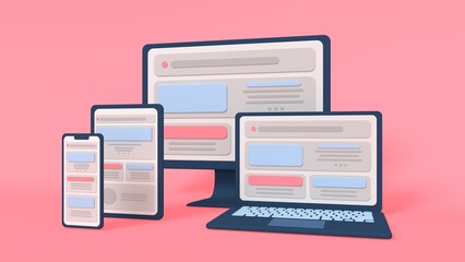 Adaptive programming icons set. Multi device development, software engineering. Responsive web design, The website is open on computer, laptop, tablet and smartphone.3D Render model cute colorful
