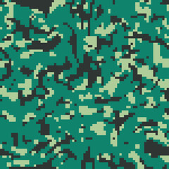 Digital camo background. Seamless urban camouflage pattern. Military texture.Emerald green bright color. Vector fabric textile print designs.