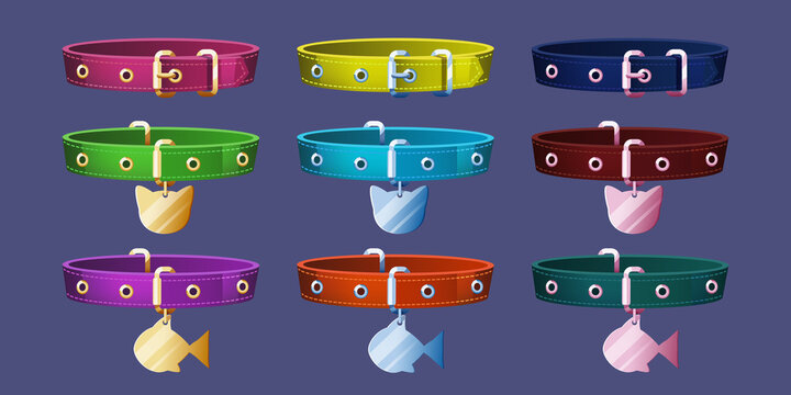 Pet collars with id tags for cat or dog neck. Vector cartoon set of leather belts with buckle and gold, silver and metal badge in shape fish or cat. Domestic animal accessories isolated on background