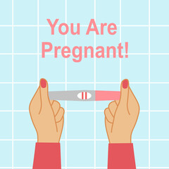 Female hands holding positive pregnancy test with two strips in flat design.