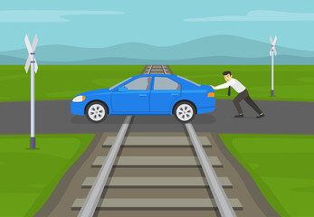 Safety car driving. Car stopped on the tracks. Level crossing without barriers. Terrified businessman or manager pushing his blue sedan car stuck on railroad tracks. Flat vector illustration template.