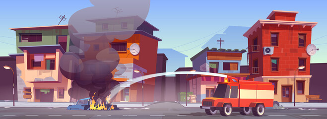 Firetruck extinguishing burning car on ghetto area road. Vector cartoon illustration of cityscape with poor dirty houses, broken car in fire and red emergency truck spraying water - obrazy, fototapety, plakaty