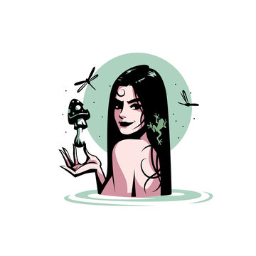 A mermaid woman in the water holds a fly agaric mushroom in her hand.