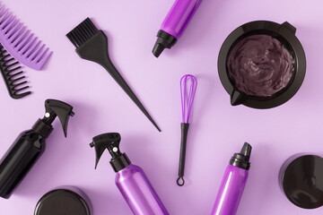 Hair care, styling and coloring products with hair dye tools. Top view, flat lay