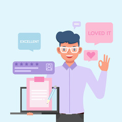 Man holding laptop and positive review in speech bubble and social network. customer experience, review concept. people character vector design.