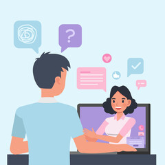 Man sitting and talking to psychologist online. Female psychotherapist helping patient by video call. people character vector design.