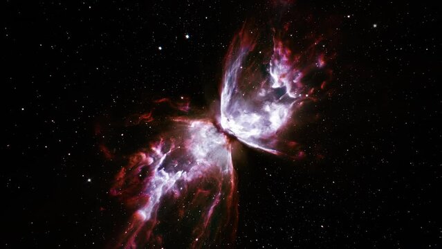 Space travel flying in to the NGC 6302 also known as the Bug Nebula or Butterfly Nebula or Caldwell 69). 4K motion footage for scientific films and cinematic in space. Based on NASA public image.
