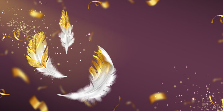 Fototapeta Background with white feathers with gold glitter, confetti and empty space. Vector poster with realistic illustration of flying golden colored bird or angel quills, sparkles and ribbons