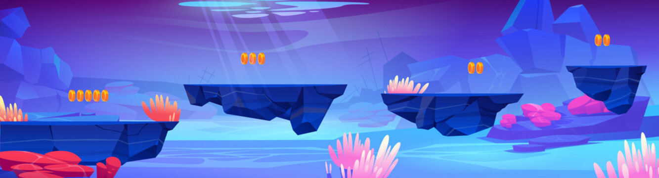 Game level background with platforms underwater in sea. Vector 2d interface of arcade game with cartoon illustration of ocean bottom landscape with marine plants and broken sunken ships