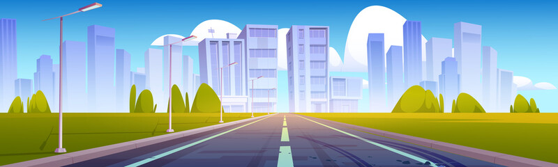 Road to city with buildings and skyscrapers on skyline. Vector cartoon illustration of summer landscape with empty highway, street lights, green grass, trees and modern town on horizon