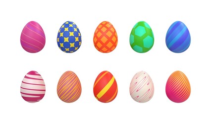 10 color Easter Eggs with different patterns. Easter decoration elements. 3d render illustration on white background.