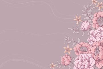 Horizontal background with pink roses, peonies and grey leaves. Banners template with floral motif. Place for text. Hand drawn vector illustration of flower.