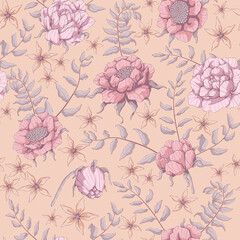 Seamless pattern with floral motif. Roses and Peonies background. Pink flowers and grey branch with leaves. Hand drawn botanical vector print. For design textiles and paper.