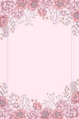 Vertical background with pink roses, peonies and grey leaves. Banners template with floral motif. Place for text. Hand drawn vector illustration of flower.