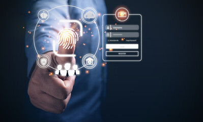 Businessman scanning finger login to system protection privacy. Security technology cyber,  private data encryption, for protecting data personal using password ID.