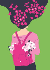 Spring girl. Postcard. Girl with a backpack and flowing hair. Vector image.