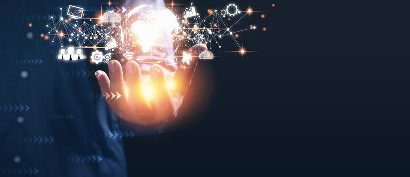 Concept internet network, digital technology to the future. Businessman holding world internet digital, networks technology with business icons cloud computing online connecting to big data analytics.