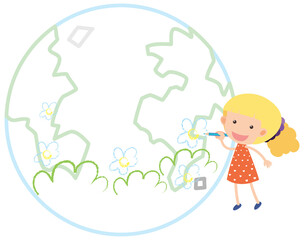 Little girl drawing earth globe on white background