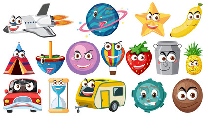 Set of different toy objects with smiley faces