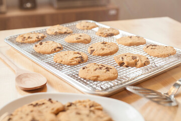 Chocolate chip cookies on cooling rack on baking sheet in bright kitchen