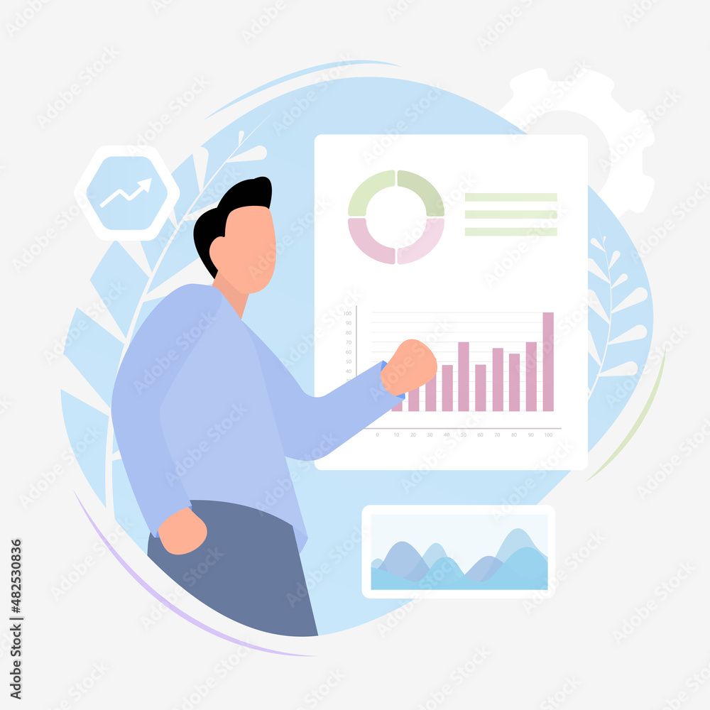 Aufkleber data analytics report concept with analyst man analyzing statistical and financial information. busi