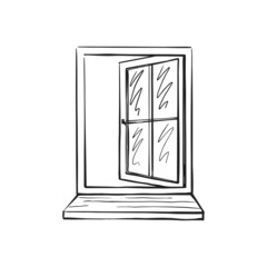  Open glazed window in a frame. Sketch on a white isolated background. Interior. Vector hand-drawn illustration