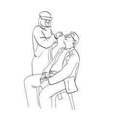 Doctor in ppe suit making covid-19 PCR test or swab for male patient illustration vector hand drawn isolated on white background line art.