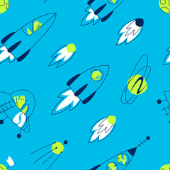 Fototapeta premium Seamless pattern of rockets with dinosaurs, done with a line and a spot on a blue background. Dino travels on a rocket through the galaxy. Fabric design for clothes boys. Flat vector illustration.