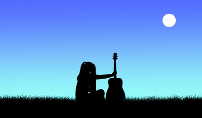 A young girl guitarist against the background of the evening sky, a silhouette of a girl with a...