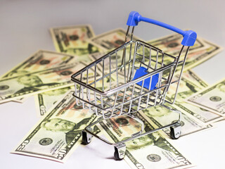 An empty shopping cart and money background