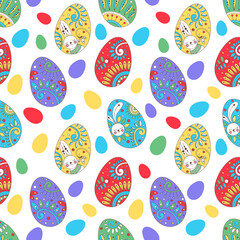 Seamless pattern with bright colorful Easter eggs on white background.