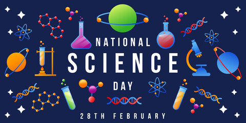 Fototapeta na wymiar gradient national science day illustration background with many science element